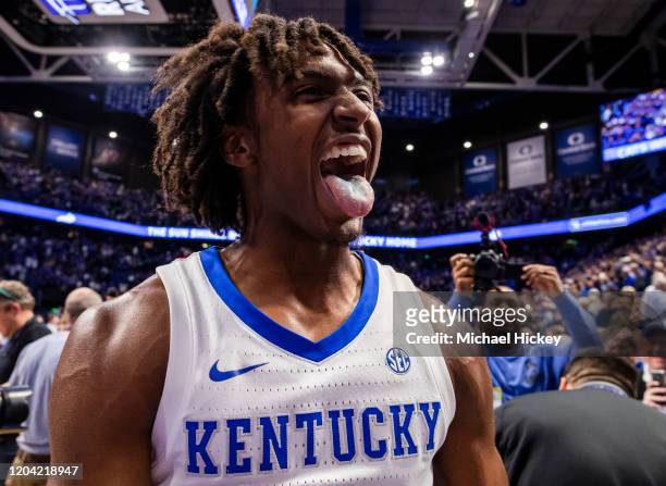 Tyrese Maxey of the Kentucky Wildcats celebrates after defeating the Auburn Tigers at Rupp Arena on February 29, 2020 in Lexington, Kentucky. The...