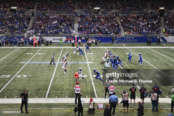 General view during gameplay in the second quarter of a XFL game between the St. Louis Battlehawks and the Seattle Dragons at the Dome at America's...