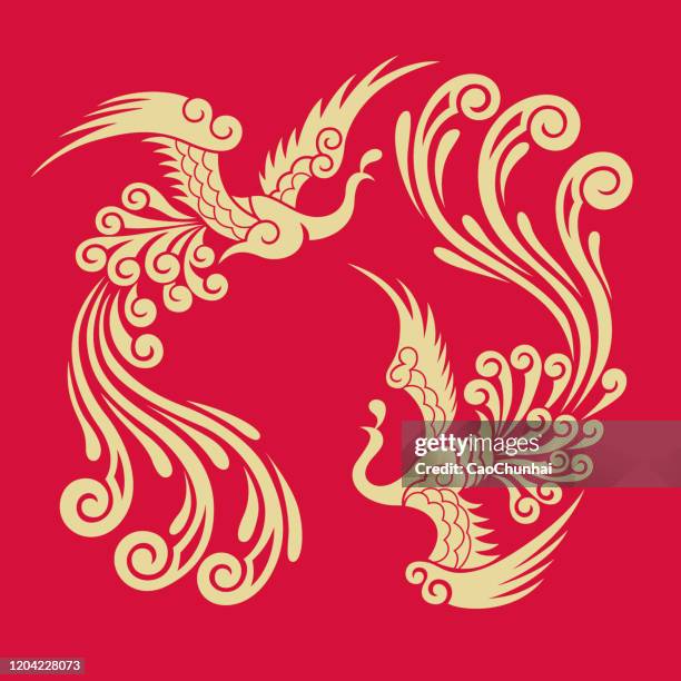 ilustraciones, imágenes clip art, dibujos animados e iconos de stock de patrón tradicional chino (doble fénix) - mitología