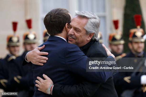 French President Emmanuel Macron welcomes President of Argentina Alberto Fernandez at Élysée Palace on February 5, 2020 in Paris, France. The...