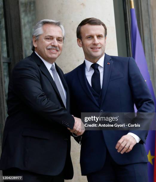 French President Emmanuel Macron welcomes President of Argentina Alberto Fernandez at Élysée Palace on February 5, 2020 in Paris, France. The...