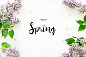 Inscription Hello Spring. Lilac flowers on white background. Spring flowers. Top view, flat lay. - Image