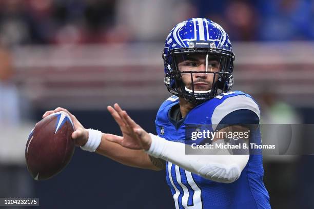 Jordan Ta'Amu of the St. Louis Battlehawks passes against the Seattle Dragons during an XFL game at the Dome at America's Center on February 29, 2020...