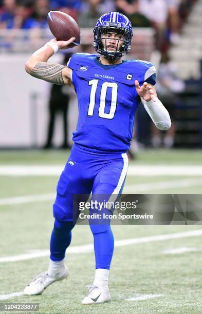 St. Louis BattleHawks quarterback Jordan Ta'Amu passes during an XFL game between the Seattle Dragons and the St. Louis BattleHawks, on February 29...
