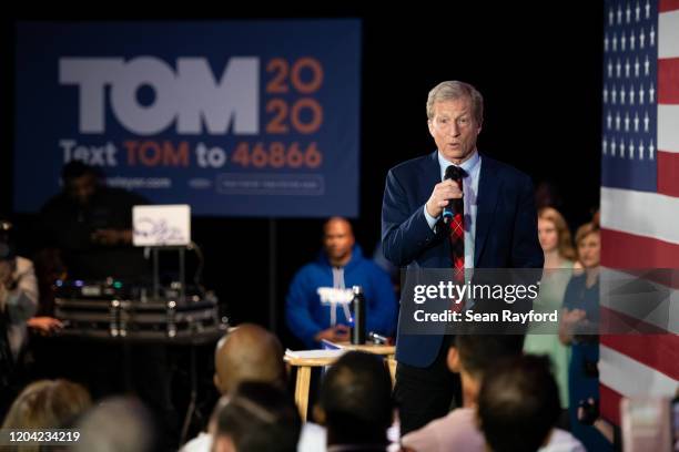 Democratic presidential candidate Tom Steyer addresses a crowd during a presidential primary election night party at 701 February 29, 2020 in...