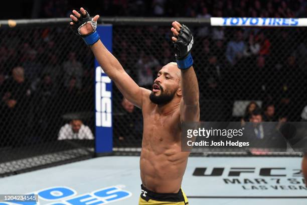 Deiveson Figueiredo celebrates after defeating Joseph Benavidez in their flyweight championship bout during the UFC Fight Night event at Chartway...