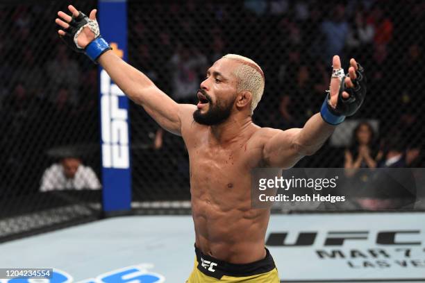 Deiveson Figueiredo celebrates after defeating Joseph Benavidez in their flyweight championship bout during the UFC Fight Night event at Chartway...