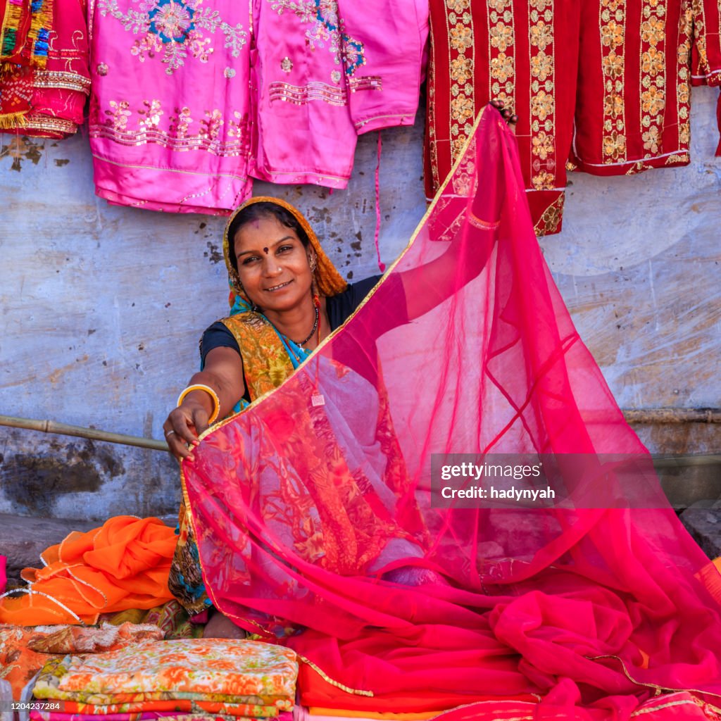 Colors Of India Woman Selling Colorful Fabrics On Local Bazaar High-Res ...