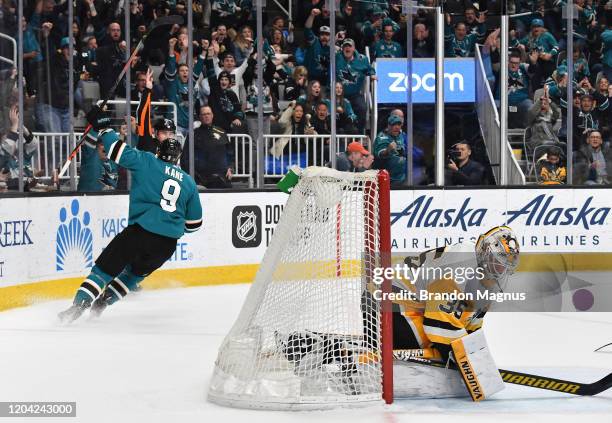 Evander Kane of the San Jose Sharks celebrates after scoring against Tristan Jarry of the Pittsburgh Penguins at SAP Center on February 29, 2020 in...