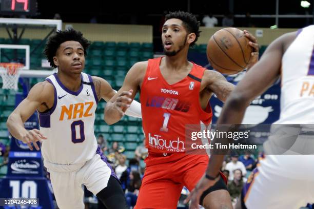 Cameron Payne of the Texas Legends drives against Jalen Lecque of the Northern Arizona Suns during the first quarter on February 29, 2020 at Comerica...