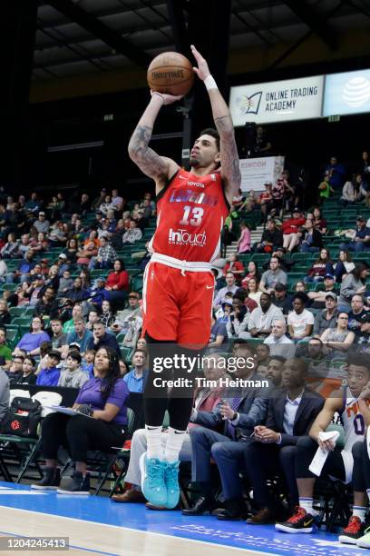 Josh Perkins of the Texas Legends shoots the ball during the second quarter against the Northern Arizona Suns on February 29, 2020 at Comerica Center...