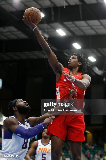 Jaylen Hoard of the Texas Legends drives against Ike Nwamu of the Northern Arizona Suns during the second quarter on February 29, 2020 at Comerica...