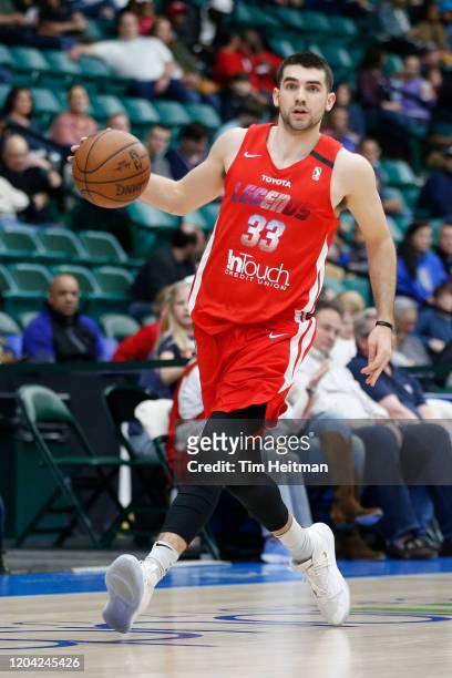 Dakota Mathias of the Texas Legends dribbles up court during the second quarter against the Northern Arizona Suns on February 29, 2020 at Comerica...