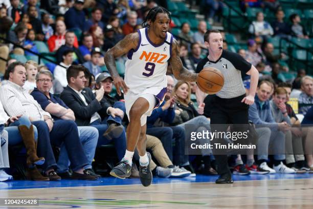 Ahmed Hill of the Northern Arizona Suns dribbles up court during the third quarter against the Texas Legends on February 29, 2020 at Comerica Center...