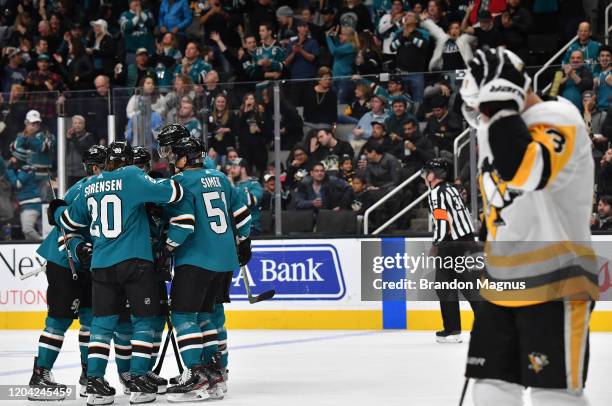 Joel Kellman of the San Jose Sharks celebrates after scoring a goal against the Pittsburgh Penguins at SAP Center on February 29, 2020 in San Jose,...