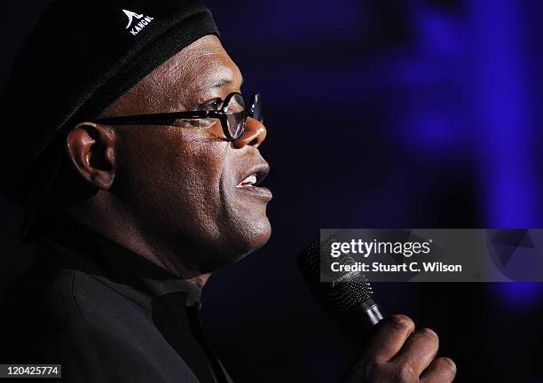 Samuel L Jackson speaks during the FitFlop Shooting Stars Benefit closing ball at the Royal Courts of Justice. The event was hosted by Samuel L...