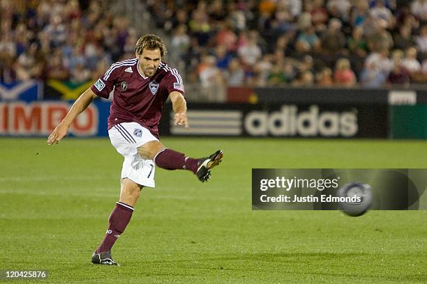 Brian Mullan of the Colorado Rapids scores the game winning goal in the second half at Dick's Sporting Goods Park on August 5, 2011 in Commerce City,...