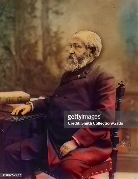 Three quarter length portrait of American President Benjamin Harrison, profile view, seated in chair, 1888. Courtesy Library of Congress. Note: Image...