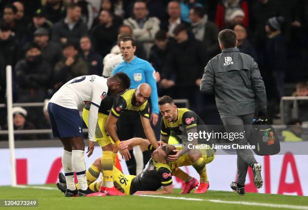 James Ward-Prowse of Southampton goes down injured and is checked on by his teammates and Ryan Sessegnon of Tottenham Hotspur during the FA Cup...