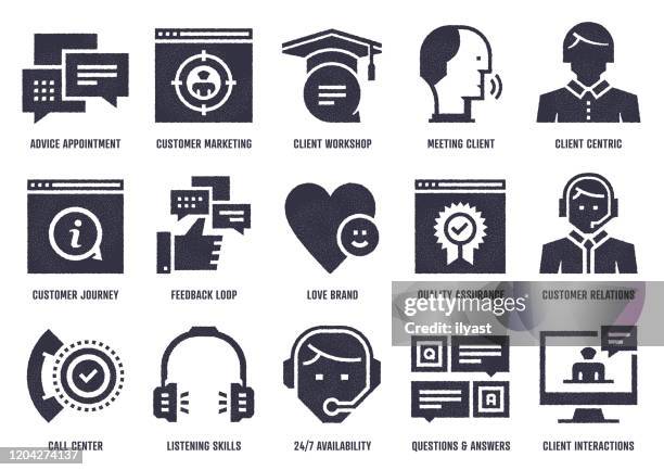 customer relationship management vector icon pack with stipple texture effect - business owner phone stock illustrations