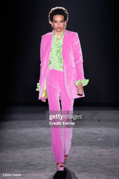 Model walks the runway at the Menchen Tomas fashion show during 080 Barcelona Fashion at Hospital de Sant Pau on February 3, 2020 in Barcelona, Spain.