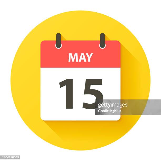may 15 - round daily calendar icon in flat design style - plain yellow background stock illustrations