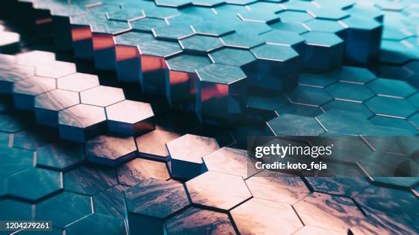 abstract technical 3d hexagonal background pattern - nanotechnology stock pictures, royalty-free photos & images