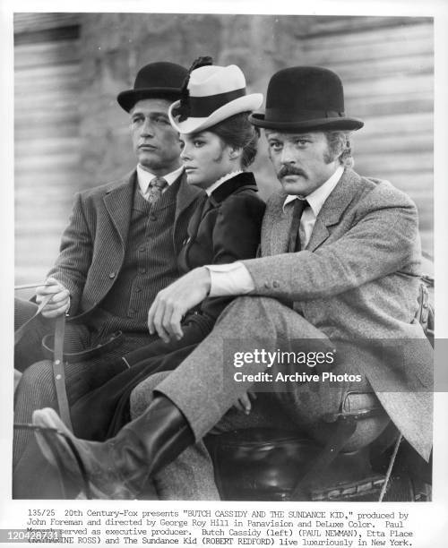 Paul Newman, Katharine Ross, and Robert Redford riding together in a scene from the film 'Butch Cassidy And The Sundance Kid', 1969.