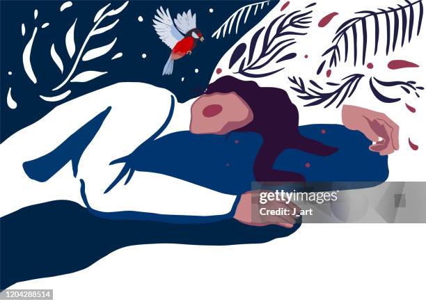 romantic illustration of a sleeping young woman with rosy cheeks. - day dreaming stock pictures, royalty-free photos & images