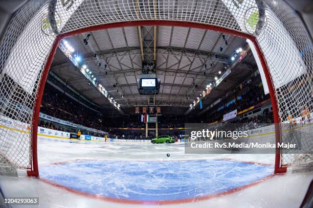 Players shoots over the Skoda cars in Skills Competition during the All Star Game 2020 at Pavol Demitra Ice Stadium on January 19, 2020 in Trencin,...