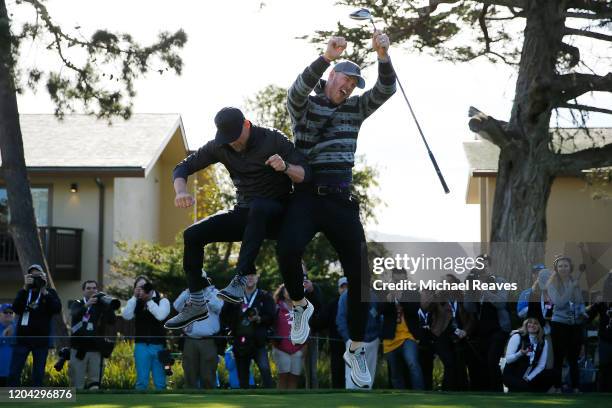 Kyle Rudolph of the Minnesota Vikings celebrates with actor Josh Duhamel prior to the 3M Celebrity Challenge prior to the AT&T Pebble Beach Pro-Am at...