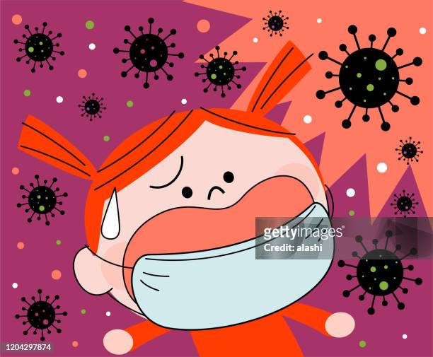 girl surrounded by the coronavirus (bacterium, virus) wearing mask - 6 7 years stock illustrations