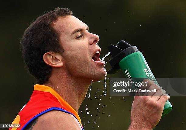 Wayne Carey playing for the Maribyrnong Lions has a drink during the Essendon Distrct Football League AFL match against Avondale Heights at...