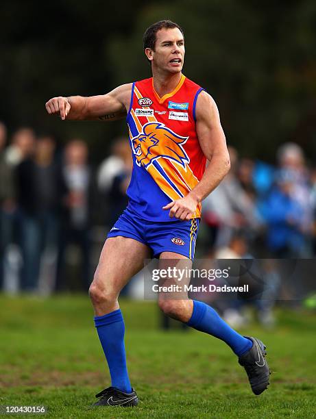 Wayne Carey playing for the Maribyrnong Lions makes a lead during the Essendon Distrct Football League AFL match against Avondale Heights at...