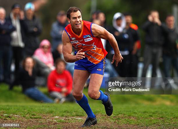 Wayne Carey playing for the Maribyrnong Lions makes a lead during the Essendon Distrct Football League AFL match against Avondale Heights at...