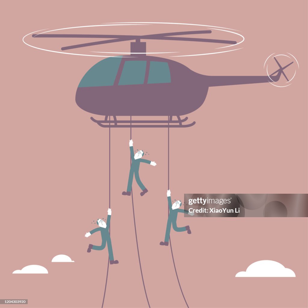 Several men airborne through a helicopter. The background is brown.