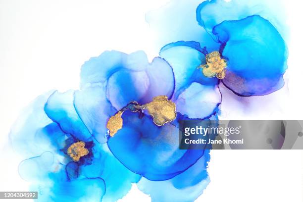 vivid abstract background made in modern alcohol ink technique - blue flowers stock-fotos und bilder