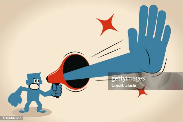 wütender geschäftsmann hält ein megaphon mit einer stopp-geste - hand stop stock-grafiken, -clipart, -cartoons und -symbole