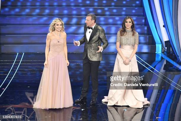 Laura Chimenti, Amadeus and Emma D'Aquino attend the 70° Festival di Sanremo at Teatro Ariston on February 05, 2020 in Sanremo, Italy.
