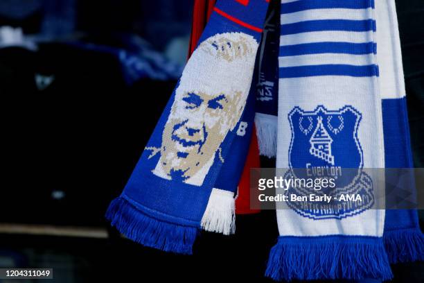 Fan scarf showing the face of Carlo Ancelotti the Manager / Head Coach of Everton and the crest of Everton before the Premier League match between...