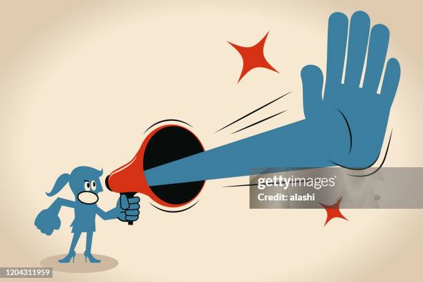 angry business woman holding a megaphone with a stop gesture - threats stock illustrations