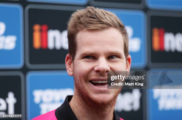 Steve Smith speaks to the media during a Sydney Sixers Big Bash League training session at Sydney Cricket Ground on February 06, 2020 in Sydney,...