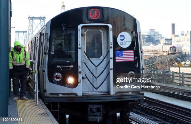 Train pulls into the Marcy Avenue subway station in Brooklyn on February 3, 2020 in New York City.
