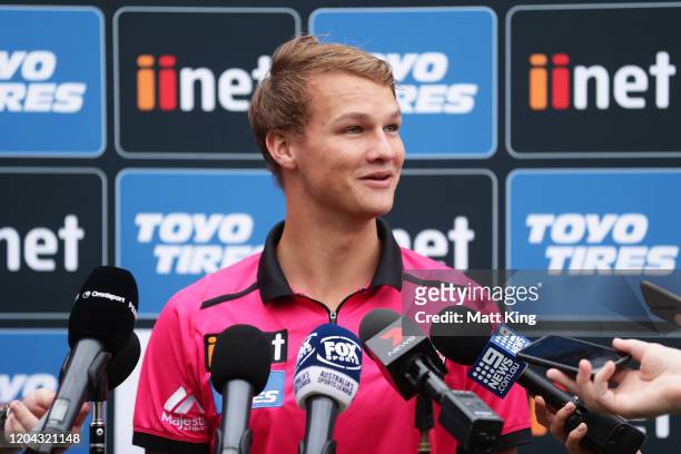 Josh Philippe speaks to the media during a Sydney Sixers Big Bash League training session at Sydney Cricket Ground on February 06, 2020 in Sydney,...