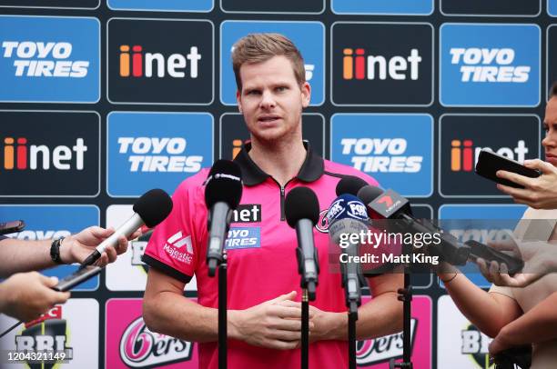 Steve Smith speaks to the media during a Sydney Sixers Big Bash League training session at Sydney Cricket Ground on February 06, 2020 in Sydney,...