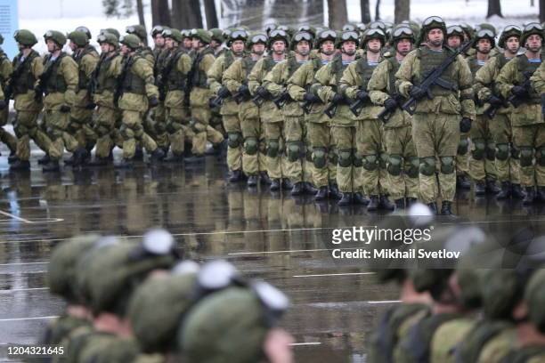 Russian paratroopers march during the military parade at the 76th Guards Air Assault Division in Pskov, Russia, March 2020. Putin is having a one-day...