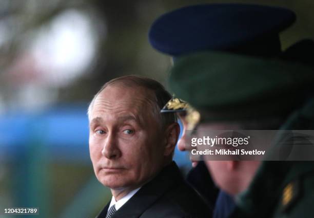 Russian President Vladimir Putin speeches during the military parade at the 76th Guards Air Assault Division in Pskov, Russia, March 2020. Putin is...