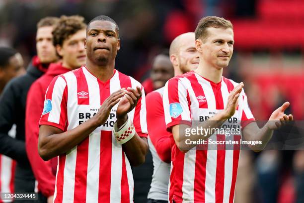 Denzel Dumfries of PSV, Daniel Schwaab of PSV during the Dutch Eredivisie match between PSV v Feyenoord at the Philips Stadium on March 1, 2020 in...
