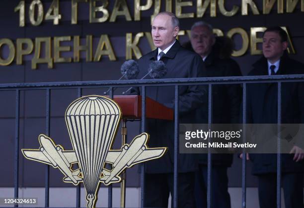 Russian President Vladimir Putin speaks during the military parade at the 76th Guards Air Assault Division in Pskov, Russia, March 2020. Putin is...