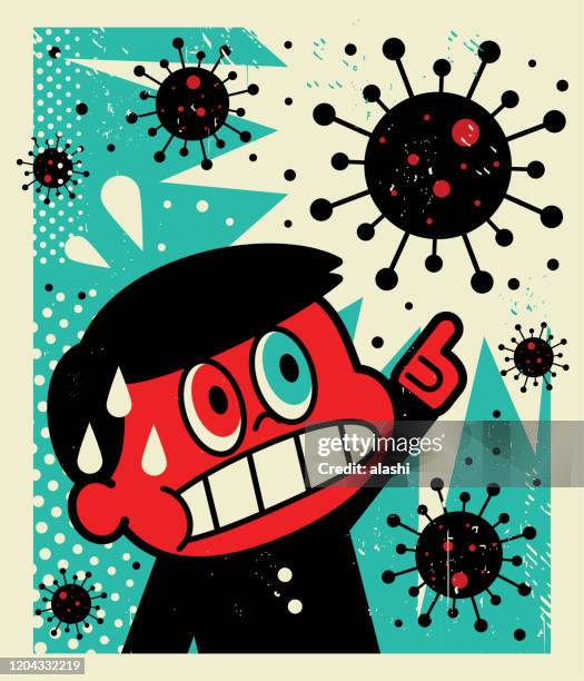 schoolboy points at the coronavirus (bacterium, virus) and gets a rude shock - headache child stock illustrations